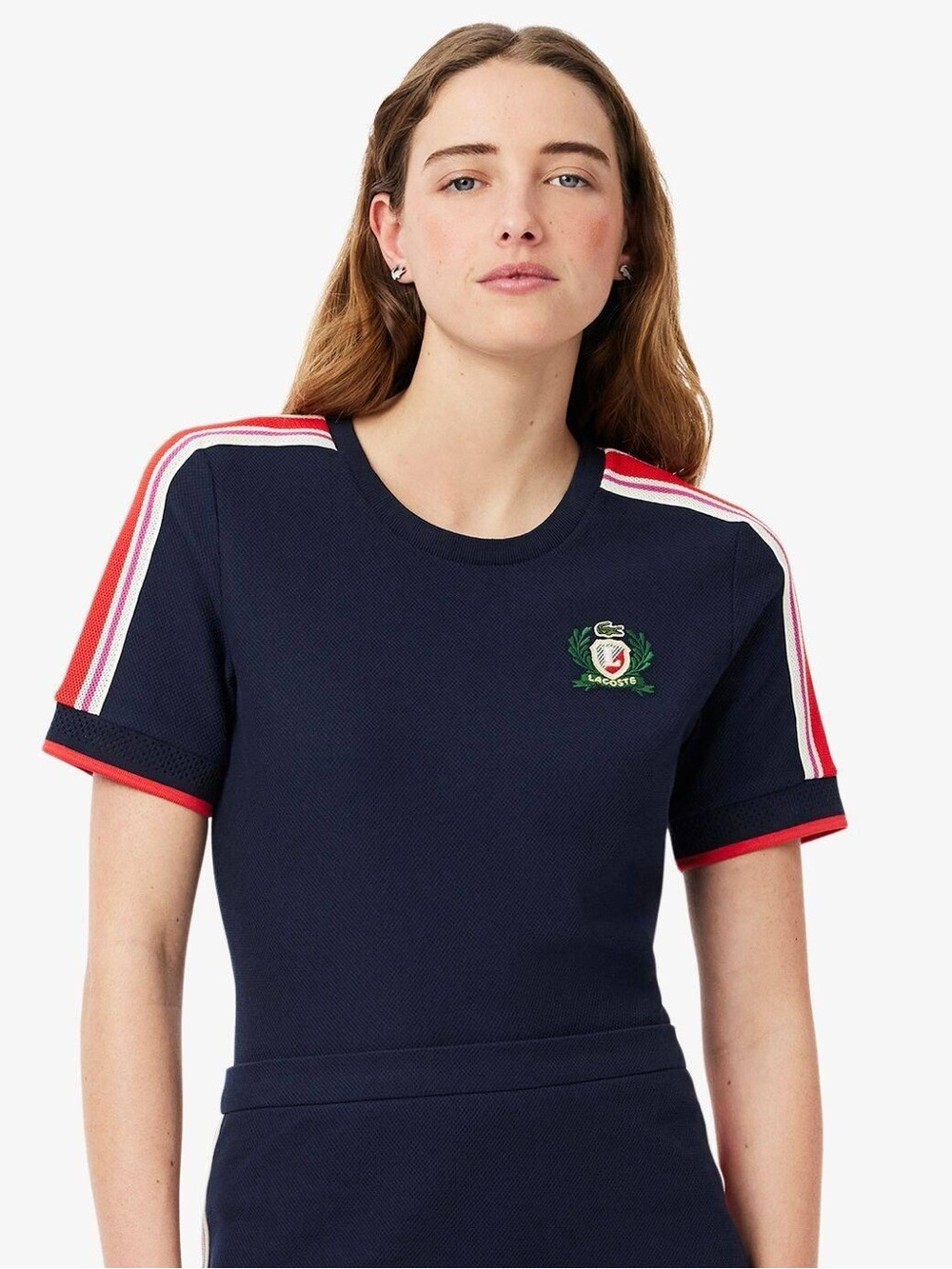 Lacoste Navy Short-Sleeve Tee with Red and White Shoulder Stripes
